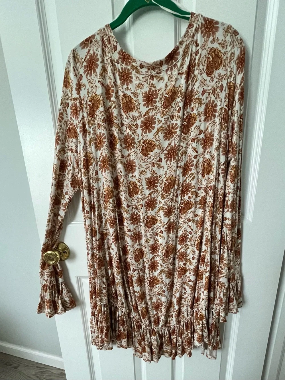 Free People Cream and Brown Floral Long Sleeve V-Neck Tunic Dress